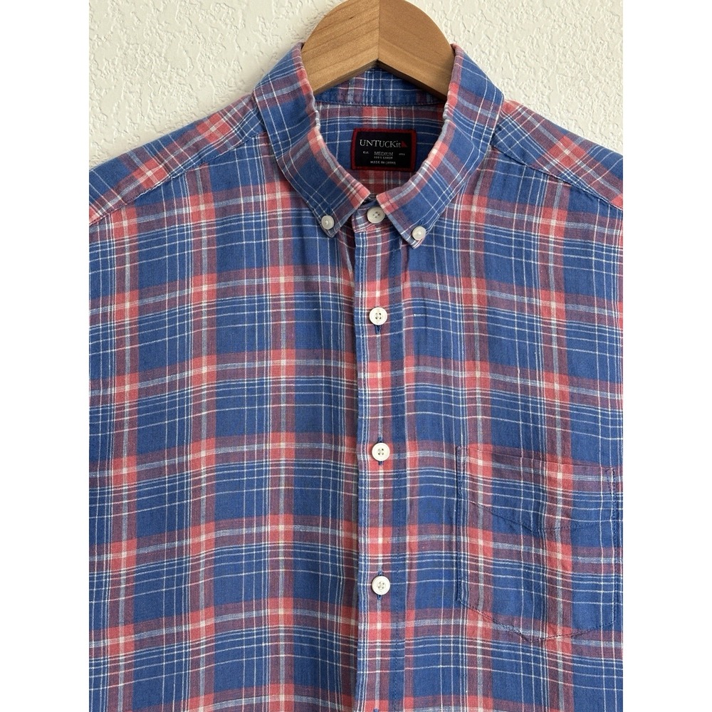 UNTUCKit 100% Linen Short Sleeve Preppy Casual Men's‎ Shirt Blue Pink Plaid Med - Picture 3 of 10
